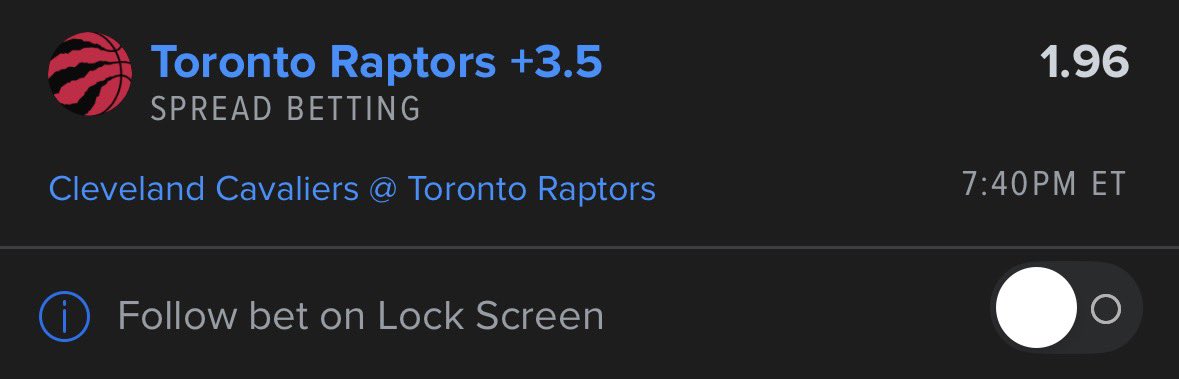 PIbele5211's tweet image. NBA MONEYLINE PICK OF THE DAY 🏀

→ Toronto Raptors +3.5 Spread

The Raptors have won their last 10/11 (91%) home games, including five straight home wins.

#NBA #DFS #DraftKings  #nfl #MLB #fanduel #prizepicks #GamblingTwiiter #CollegeBasketball #CollegeFootball #highschool