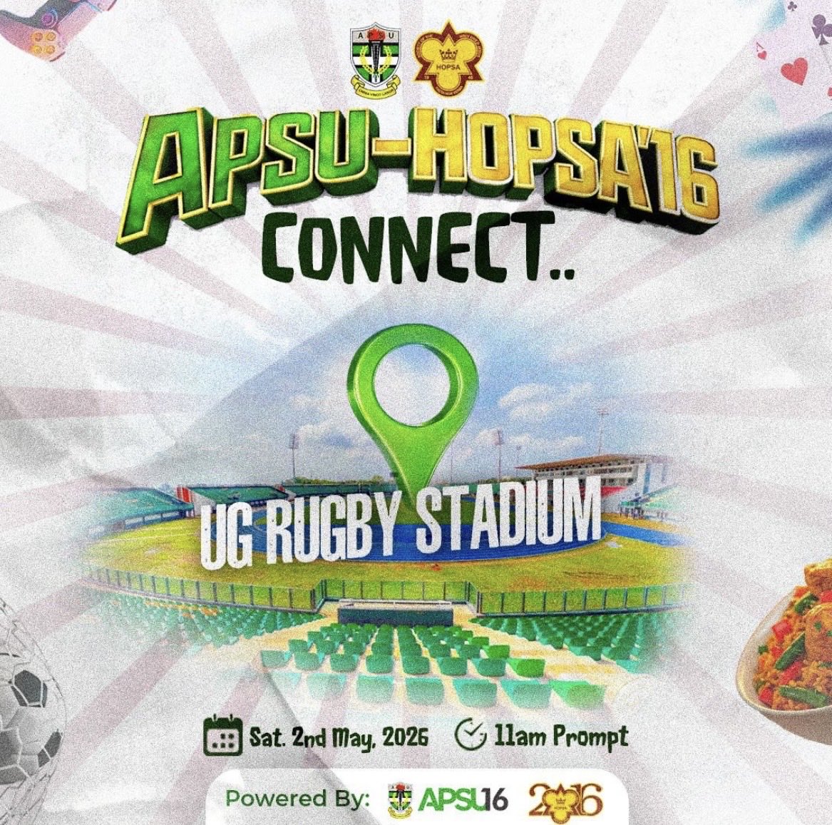 2016Apsu's tweet photo. Our decade commemoration commences with an action-packed day out with Hopsa16 tomorrow at the University of Ghana Rugby Stadium.
Come Along !

#Actionnkotsee
#adecadestronger https://t.co/wu40i4qaBV