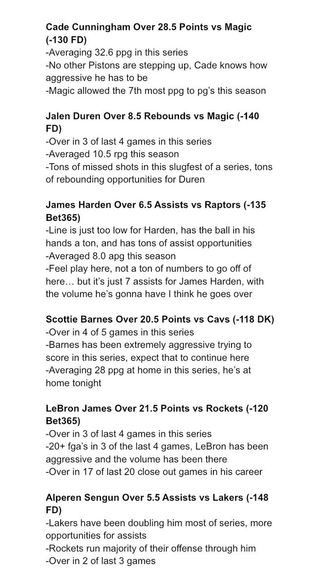 FieldsFocus's tweet image. May 1st NBA Player Props🔥

Cade Cunningham Over 28.5 Points

Jalen Duren Over 8.5 Rebounds

James Harden Over 6.5 Assists

Scottie Barnes Over 20.5 Points

LeBron James Over 21.5 Points

Alperen Sengun Over 5.5 Assists

Likes, Follows, &amp;amp; RT’s Appreciated‼️

#gamblingtwitter
