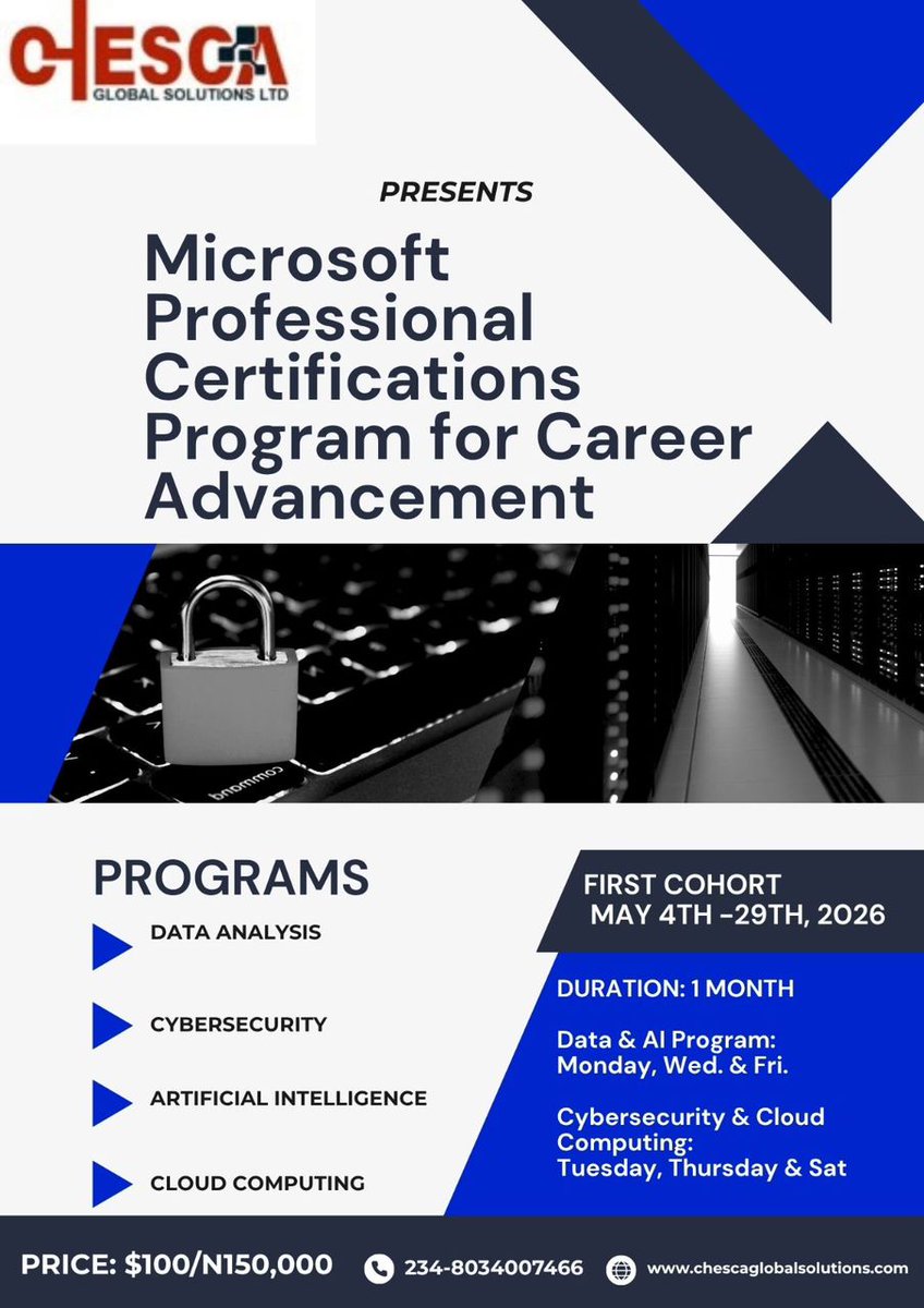 Chesca11's tweet photo. 🚀 Unlock Your Tech Potential. Advance Your Career.
Become a Microsoft Certified Professional in:
🔹 Data Analysis
🔹 Cybersecurity
🔹 Artificial Intelligence
🔹 Cloud Computing

Gain globally recognized credentials, boost earning power, and master future‑ready skills https://t.co/uJO5dXjyrZ