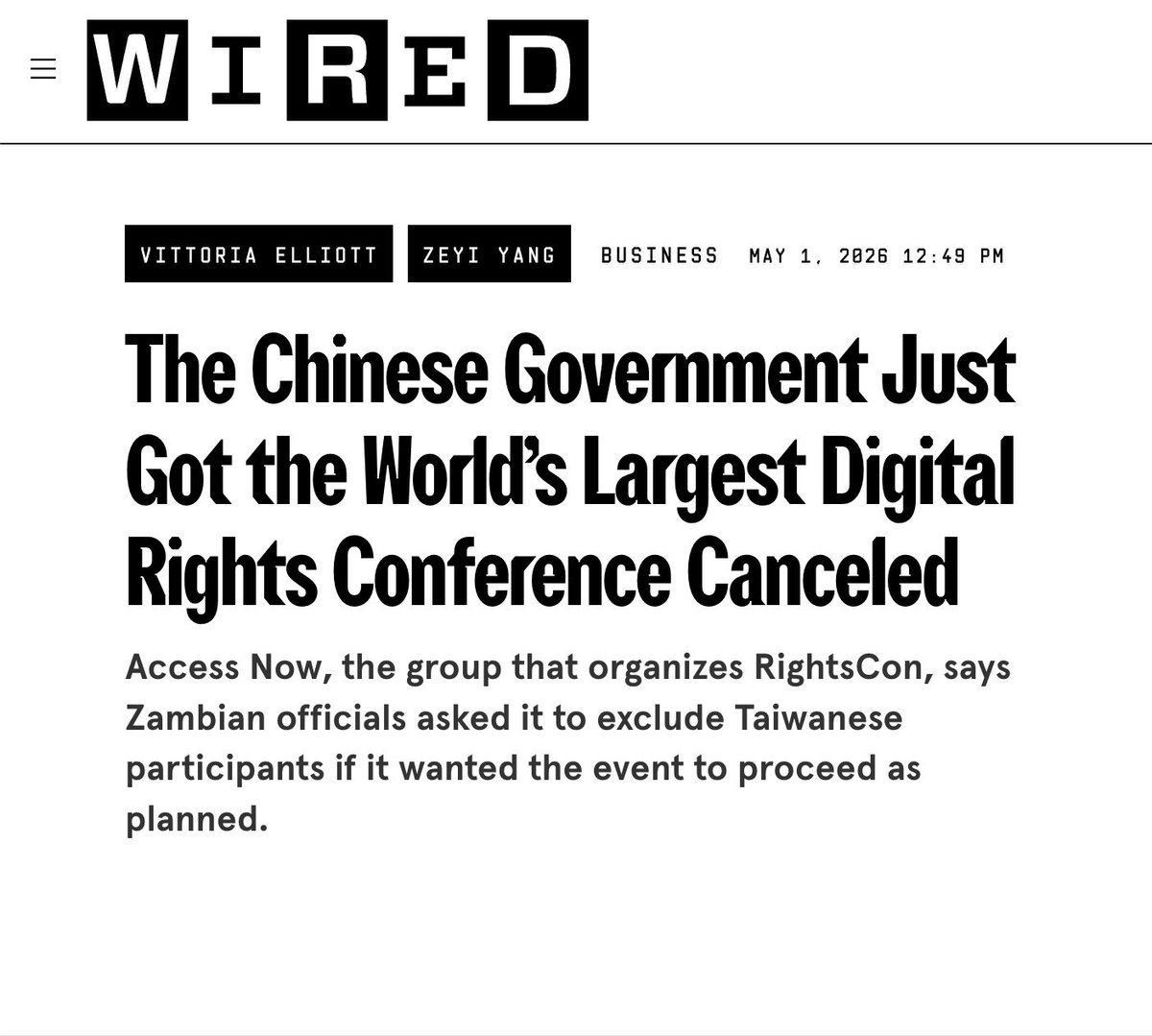 Campaign4HK's tweet photo. A global human rights conference gets shut down.

Not in China.
In Zambia.

Because of China. 

https://t.co/2ENLXhpEuV 
#RightsCon #transnationalrepression #China #Africa https://t.co/AlwQRhEMj9
