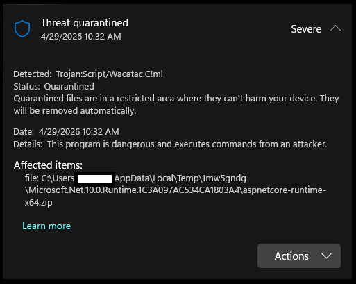 Term24_'s tweet photo. @virtuallyfun That's better than Windows Defender thinking that https://t.co/0952E6Hf0X Core runtime is a trojan!.. This happened while updating VS. https://t.co/0jAhlMdQMq