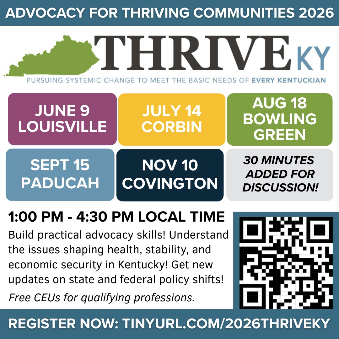 kyvoices4health's tweet photo. REGISTER NOW! The 2026 #ThriveKY Advocacy for Thriving Communities Roadshow is bringing updates and training to communities across Kentucky. Extra time added! Reserve your spot and join the conversation on the policies that shape our families and future: https://t.co/8giBip8nKR https://t.co/2H87MkPnXq
