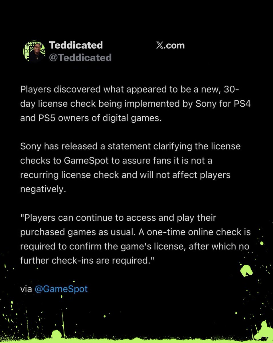 Teddicated's tweet image. Sony has officially addressed the concerns regarding 30-day license checks, but is it enough to put your mind at ease? 🤨🎮

#PlayStation #PS5 #Sony #GamingNews #DigitalOwnership