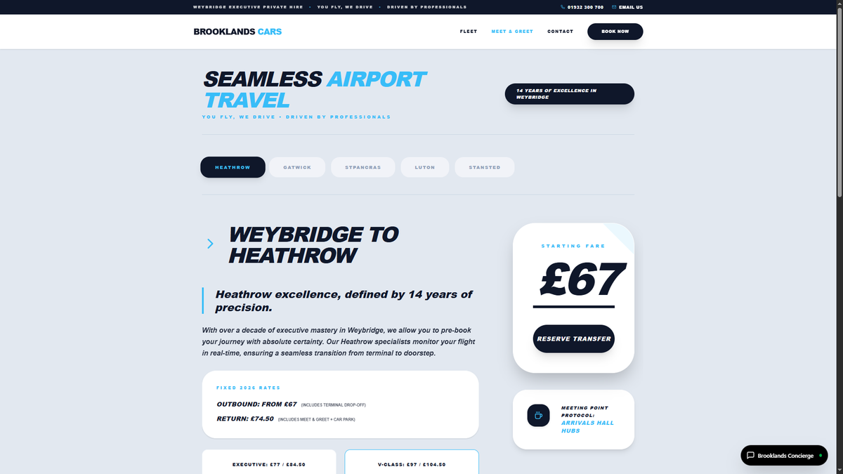 BrooklandsCarUK's tweet image. ✈️ New Standard: Weybridge to Heathrow.

Executive mastery, fixed 2026 pricing.

🔹 Heathrow from £67 (Outbound) 🔹 Meet &amp;amp; Greet included on returns 🔹 Driven by Pros since 2012
👇 View rates &amp;amp; book in Surrey: thebrooklandscars.com/meet-and-greet
#Surrey #Weybridge #Heathrow