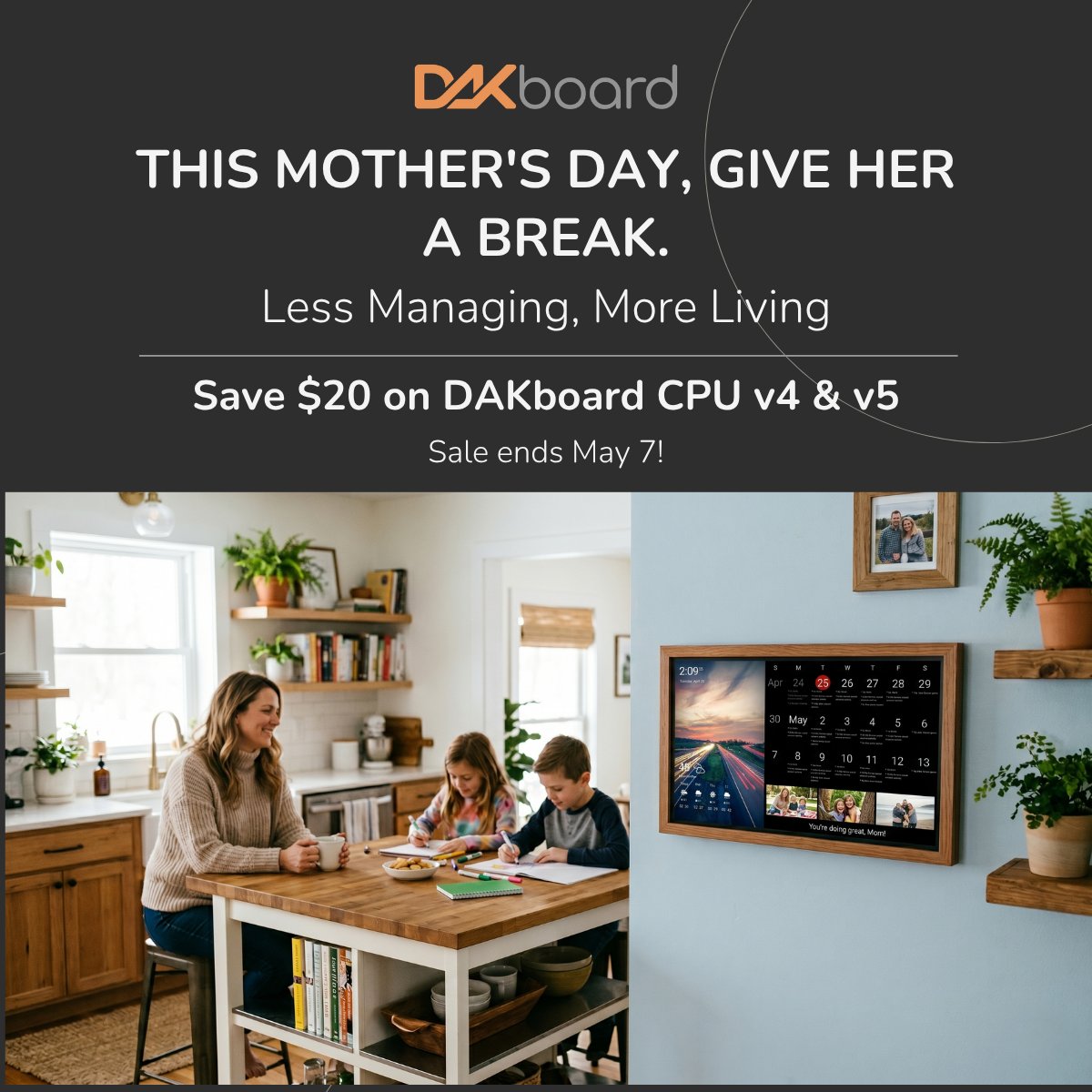 dakboard's tweet image. Mom’s brain is full. Give her the Mother's Day gift that manages the calendar so she doesn't have to. 🧠💐

Save $20 on DAKboard CPU v4 &amp;amp; v5 and help her clear her mental load.

Sale ends May 7! shop.dakboard.com/collections/da…

#MothersDay #GiftIdeas #DigitalCalendar #FamilyCalendar