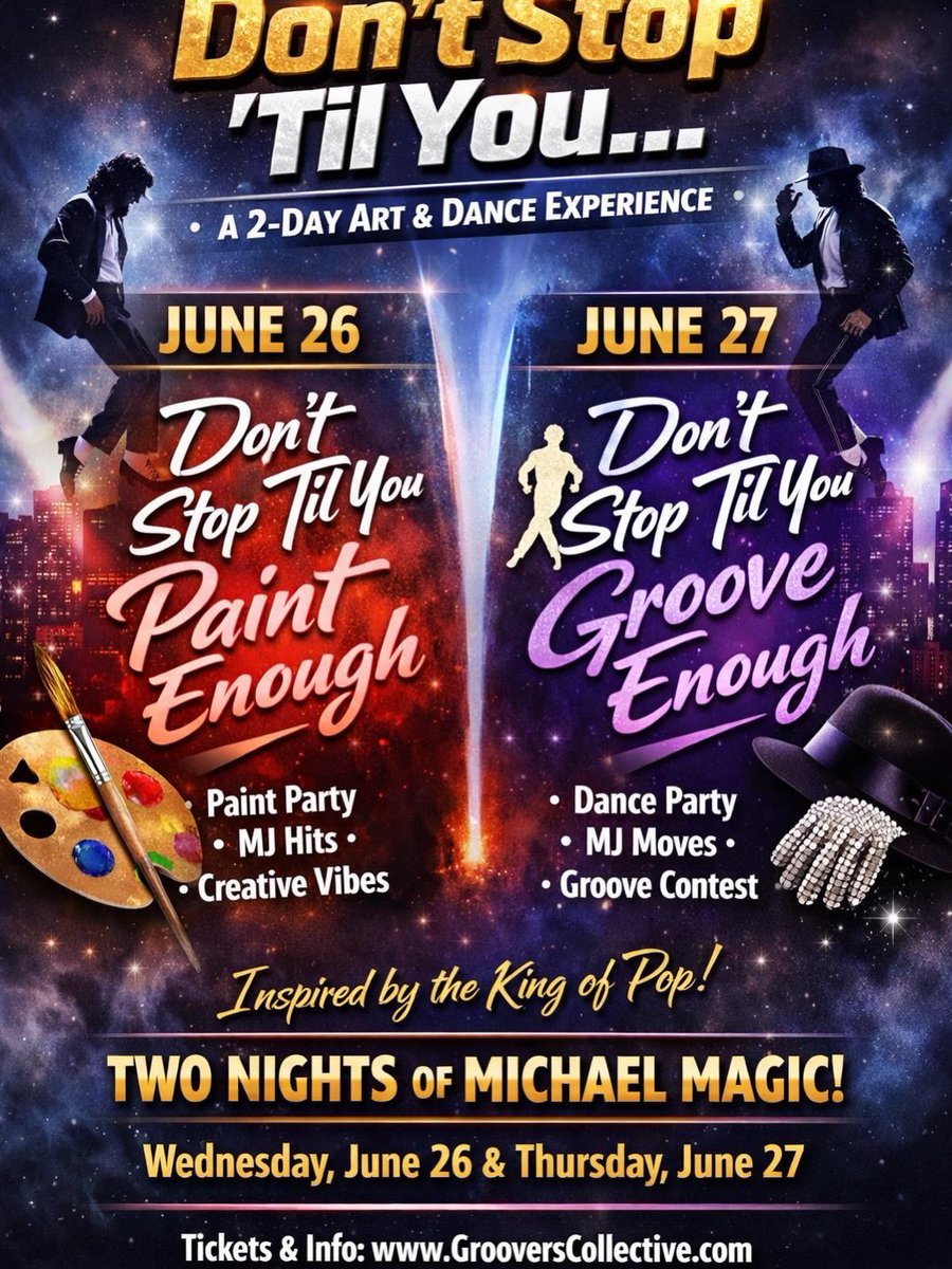 bluesawaymj's tweet image. HOUSTON WE BACK WITH THE MJ VIBES! JUNE 👀 DONT STOP TIL YOU PAINT &amp;amp; GROOVE ENOUGH 🕺🏽✨🎨

 🎟️TICKETS DROP MAY 15th! 

2 DAY EXPERIENCE YOU DONT WANT TO MISS 🚨 

#michaeljackson #houstontx