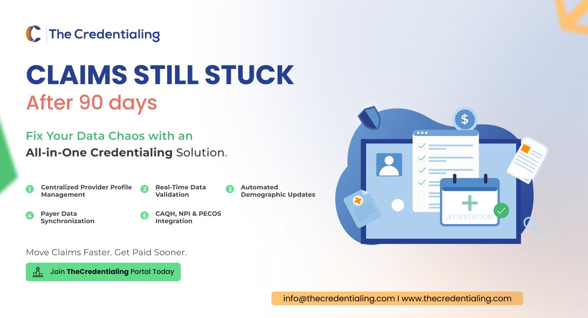 thecredential1's tweet photo. Delayed claims represent a major revenue cycle leakage point in healthcare organizations. Claims sit unpaid for weeks or even months.

𝗧𝗵𝗲𝗖𝗿𝗲𝗱𝗲𝗻𝘁𝗶𝗮𝗹𝗶𝗻𝗴 Portal fixes this with real-time validation and automation.
🔗 https://t.co/iwXiXbbwyo

#thecredentialing #rcm https://t.co/P59j5w45oc