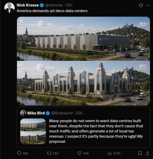 The_HappyLounge's tweet image. 🏛️ Data centers bring big tax revenue and low traffic

Still universally hated

Theory: they're just ugly

One Art Deco render, suddenly people want one nearby

Cool fact: Art Deco was built to make industry feel civic

Does design change your vote?

#Architecture
