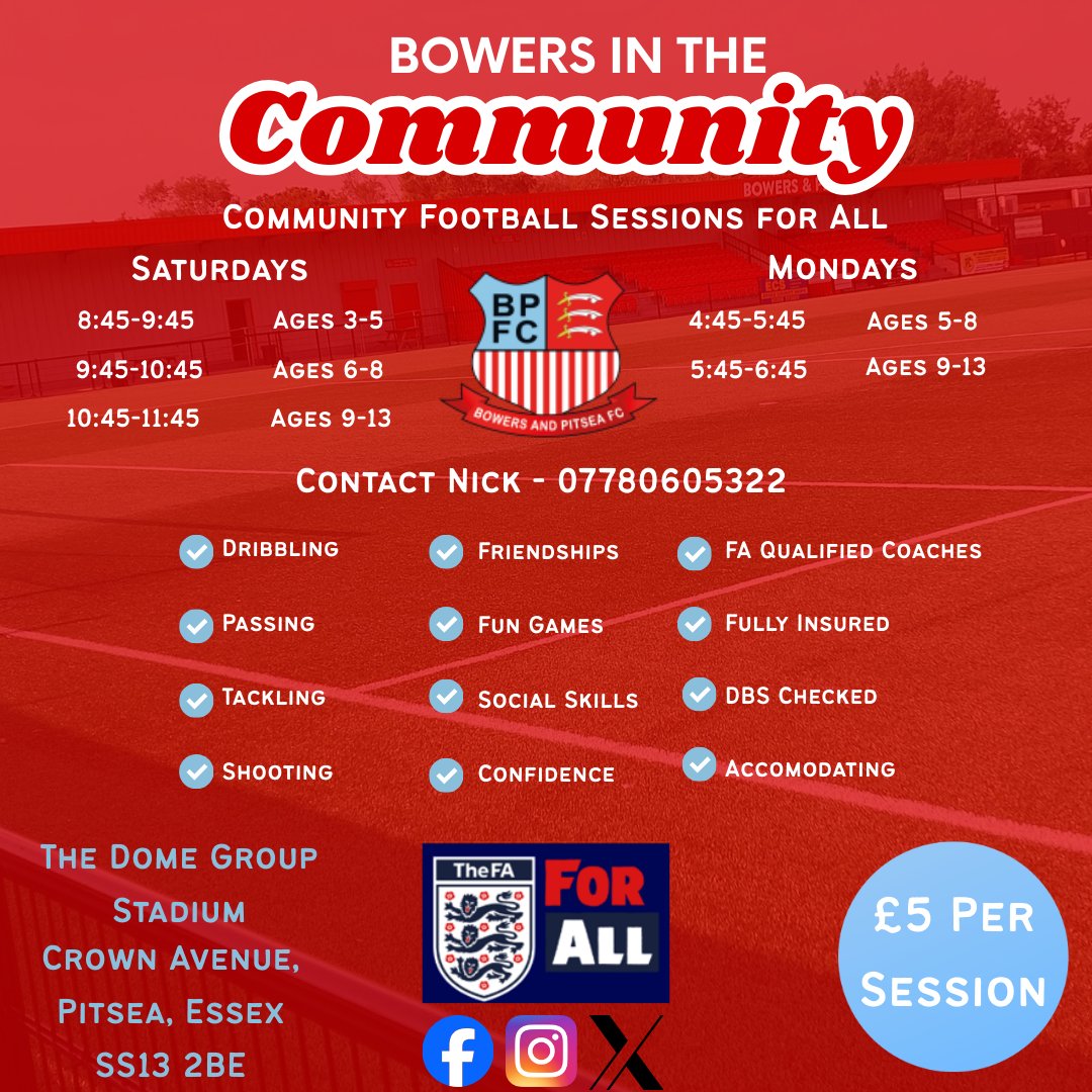 BandPCommunity's tweet image. ⚽🔴 Community Football Tomorrow Morning! ⚪⚽

A great way to start the weekend with football, fun and friends!

📍 The Dome Group Stadium
⏰ 8:45am – 11:45am
💷 £5 per session

Just turn up and play! 👏

#bowersinthecommunity #basildon #footballforall #footballdevelopment