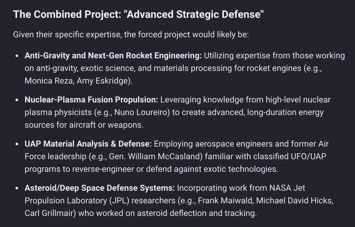 ardenhaffler's tweet image. If you were to capture all the U.S. scientists and make them collectively work, a hypothetical "forced project" likely focuses on advanced aerospace propulsion, nuclear-UAP integration, and next-generation defense materials. #ScienceMystery #DefenseTech #scientists