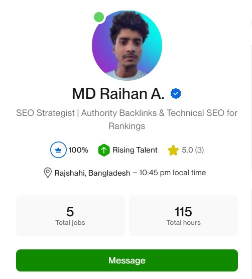 rahidrsn90's tweet image. Got the Top Rising Talent badge on Upwork 🚀

Focused on:
• Authority backlinks
• Technical SEO
• Ranking growth
More results coming. Let’s build 📈
#SEO #Upwork #Freelance #rahidrsn