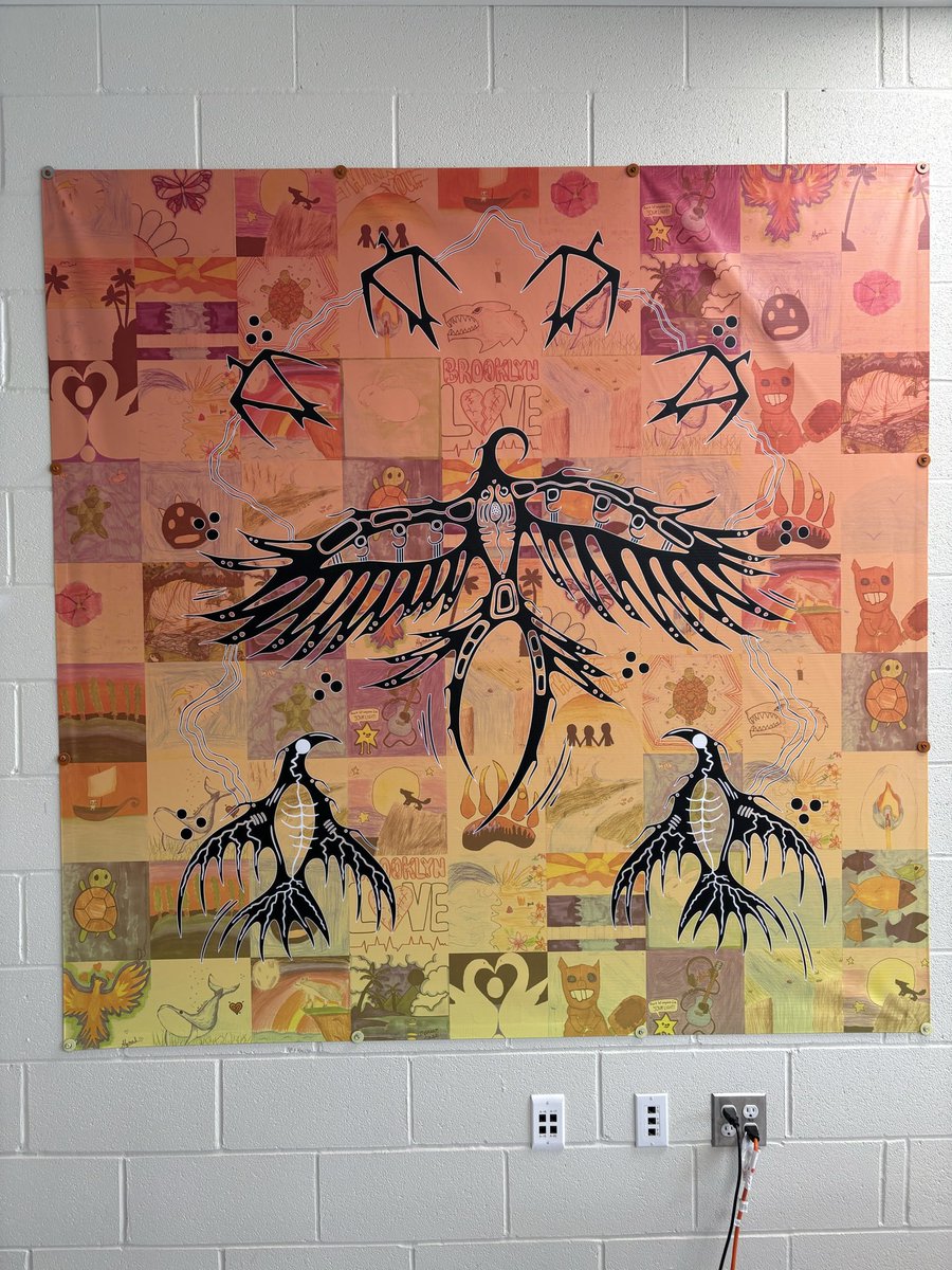 GVanierDPCDSB's tweet photo. We are so excited that our collaborative mural is now mounted in our school library! It features the artwork of our #VanierVikings Grade 7 & 8 students and Indigenous artist Nyle! #greatthings https://t.co/lIe4znvkEQ