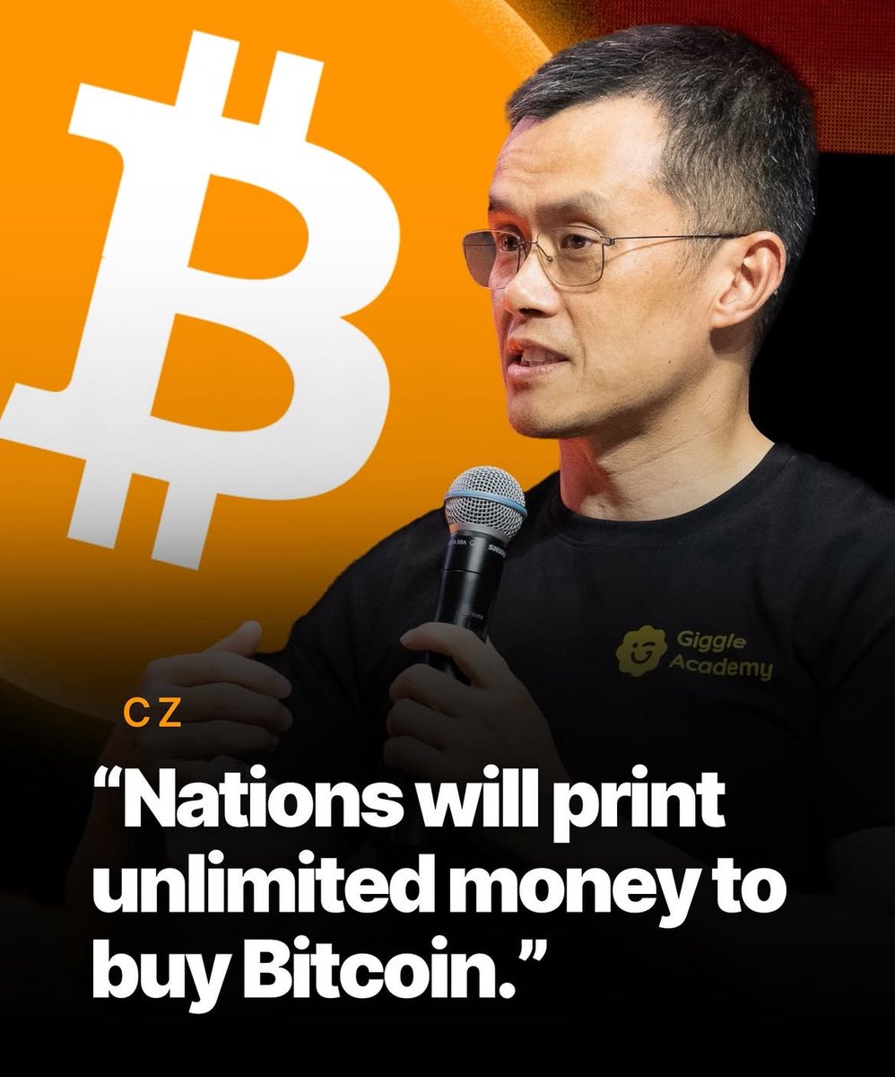 TrendingBitcoin's tweet image. CZ says, “Nations will print unlimited money to buy #Bitcoin.”