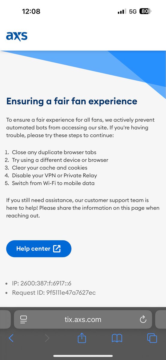 AlissaLemus's tweet photo. @axs literally on one device and yall let me in and then say this? Insane https://t.co/pc9CRTVy3t