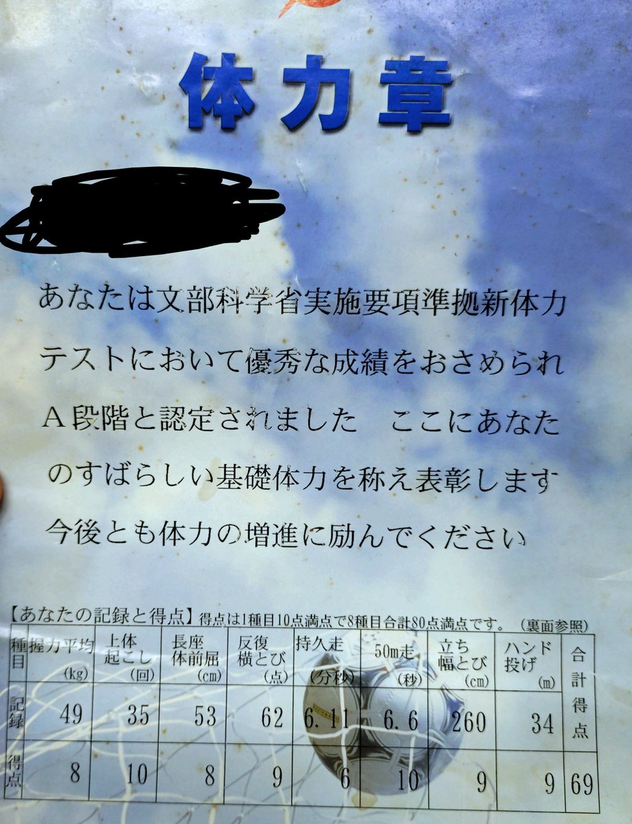 arachiwa's tweet photo. 承認欲求全開だ！
中三の時のスポーツテストの結果が物整理してたら出てきたﾜﾗ
筋肉つきすぎると背伸びなくなるよって言われて運動適当に辞めてたから結構能力落ちてた時のやつ！
中二の時は50しかり幅跳びとか他もしかりもーちょい良かったのよ！ https://t.co/abdYlt6nSO