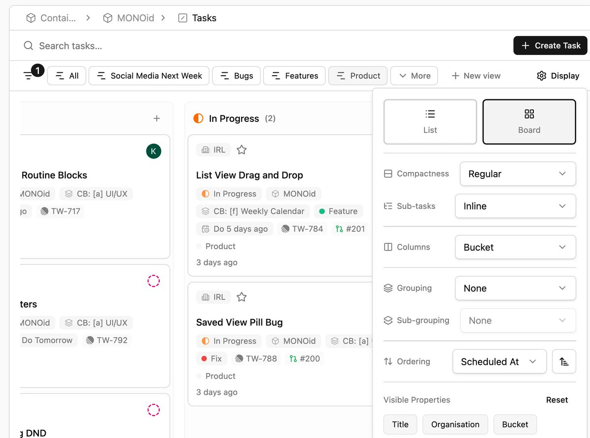 usemonoid's tweet photo. Same tasks, different operational views.

All index pages now support saved views, so each workflow gets its own lens:
Bugs,
Features,
Social queue,
whatever your team needs. https://t.co/WQ5itidaPE