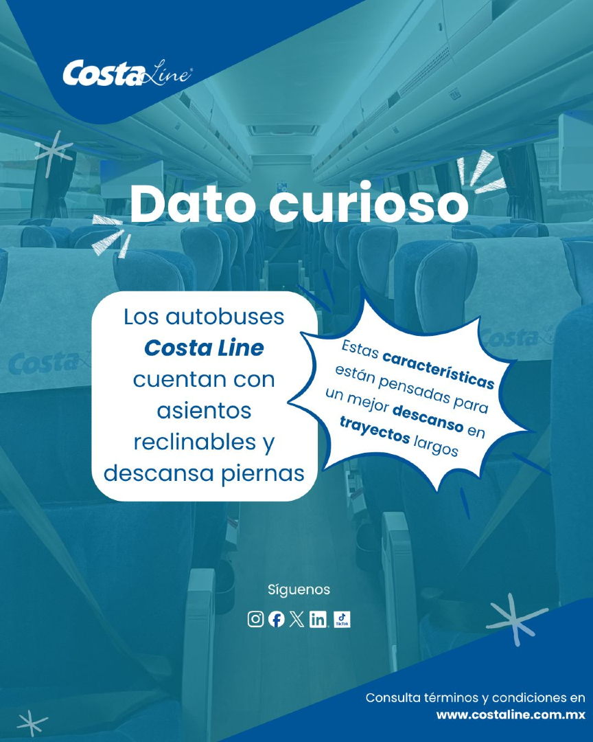 CostaLine_AERS's tweet image. #DatoCurioso 🚌✨ Los autobuses de Costa Line están diseñados para tu máximo confort.
Con asientos reclinables y descansa piernas, convertimos los trayectos largos en un momento de paz. 💺💙

Viaja con la comodidad que mereces.

#CostaLine #ViajaFácil #México #Comodidad