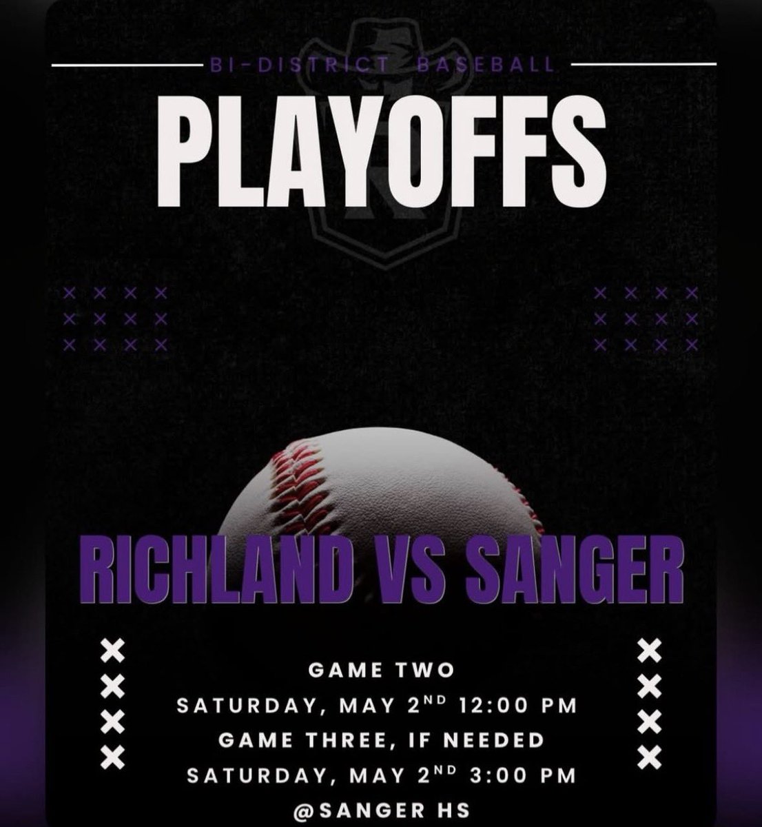 RHSBaseballBC's tweet photo. IT’S PLAYOFF SEASON, BABY! 
The Raiders are heading to Sanger and it’s GO TIME! We didn’t come this far to stop now. Come out, be LOUD, and let’s bring that energy! This team is fighting for every inning, every out, every run. LET’S RIDE!  Bleed Purple. Play Hard. Win Together. https://t.co/hNgNPuQchS