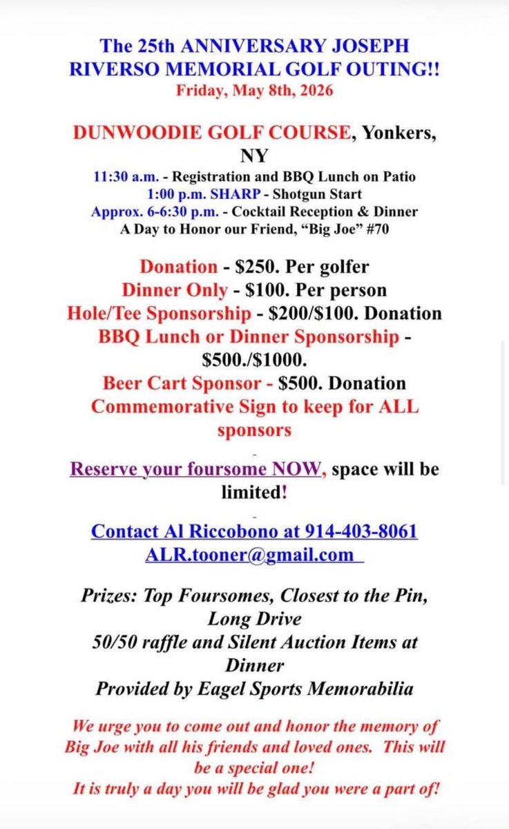 StepinacSports's tweet photo. FINAL CALL for Joe’s 25th Anniversary Memorial Golf Outing to benefit the Joseph Riverso Memorial Foundation. ONE WEEK FROM TODAY at Dunwoodie in Yonkers.  Calling on all of Joe’s friends and alumni……

We have room for about three more foursomes and plenty of sponsorships available, for as little as $100.  You will receive a commemorative sign as well.  

PLEASE share this and have anyone interested get in touch with me ASAP.  Still time and room to be a part of a VERY special outing this year!  Some special guests!  

Thank you all so much in advance for your consideration to honor Joe’s memory.  🙏🏻❤️