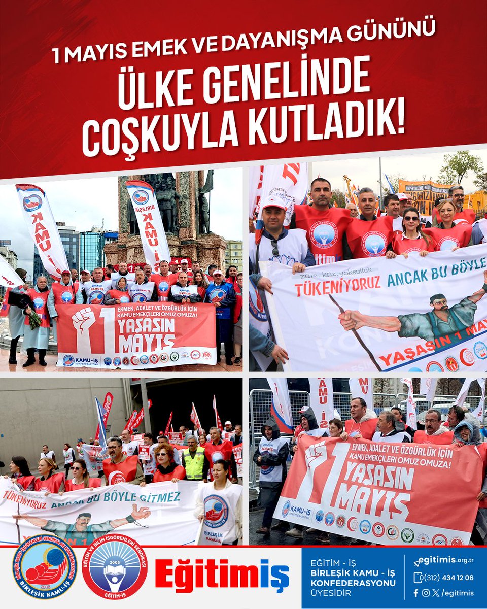 egitimisorg's tweet photo. Eğitim-İş olarak ‘1 Mayıs Emek ve Dayanışma Günü’nde Konfederasyonumuz Kamu-İş ve bağlı sendikalarımız ile emeğimiz, alın terimiz ve haklarımız için İstanbul’da Taksim ve Kadıköy’de, Ankara’da Tandoğan meydanında, tüm Türkiye’de meydanlardaydık.

Genel Başkanımız Kadem Özbay, Genel Örgütlenme Sekreterimiz Bülent Metin, Genel Basın-Yayın ve Uluslararası İlişkiler Sekreterimiz Hüseyin Selçuk, Konfederasyonumuz Kamu-İş Genel Başkanı Orhan Yıldırım ve MYK üyeleri İstanbul Taksim meydanındaki Cumhuriyet anıtına çelenk bıraktı, ‘Kanlı 1 Mayıs’ta Kazancı Yokuşu’nda hayatını kaybedenleri saygıyla andı. Ardından İstanbul Şubelerimizle birlikte Kadıköy’deki 1 Mayıs kutlamalarına katıldılar.

Genel Sekreterimiz Seher Ergin, Genel Mali Sekreterimiz Doğan Dağdelen, Genel Özlük-Hukuk ve TİS Sekreterimiz Yeliz Toy ve Genel Eğitim Sekreterimiz Veli Fırat Şimşek Ankara Tandoğan meydanındaki kutlamalara katıldı.

Ülkenin her köşesindeki alanlarda sergilediğimiz kararlı ve dik duruşumuzla, baskılara boyun eğmeden sürdürdüğümüz emek mücadelemizle, her yıl olduğu gibi bu 1 Mayıs’ta da karanlığa karşı aydınlığın, gericiliğe karşı bilimin, sömürüye karşı emeğin, sömürgeciliğe karşı bağımsızlığın bayrağını dalgalandırdık.

Fotoğrafları görmek için tıklayınız:
https://t.co/48WWJdZ2e8

#1Mayıs