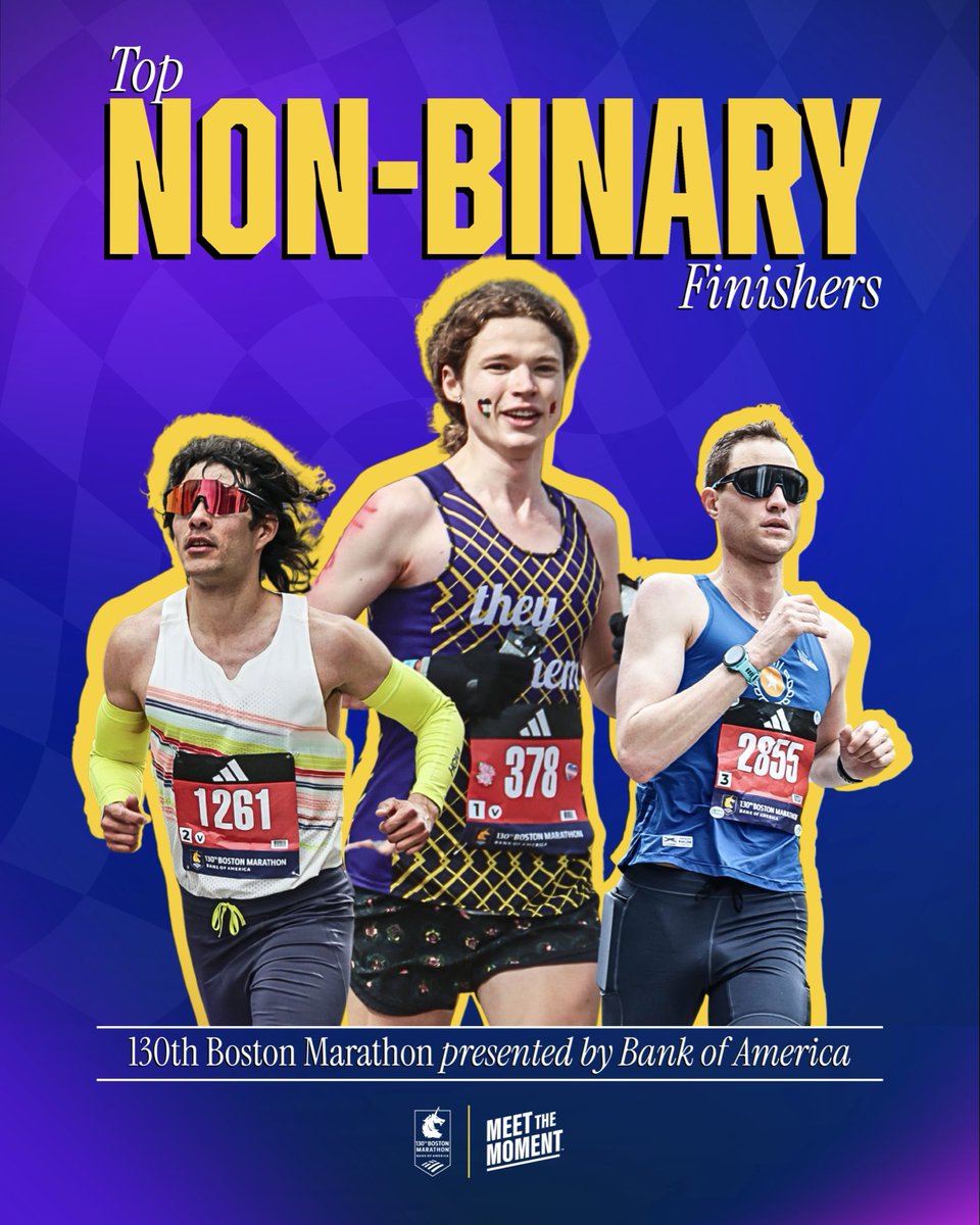 bostonmarathon's tweet image. Let’s hear it for the TOP 3️⃣ FINISHERS in #Boston130’s non-binary category!

🥇 Winter Parts, 2:30:04
🥈 Daniel Mata Di Giuseppe, 2:37:25
🥉 Jacob Caswell, 2:42:52

Congrats to all non-binary athletes who ran the 130th #BostonMarathon presented by @BankofAmerica!

#MeetTheMoment