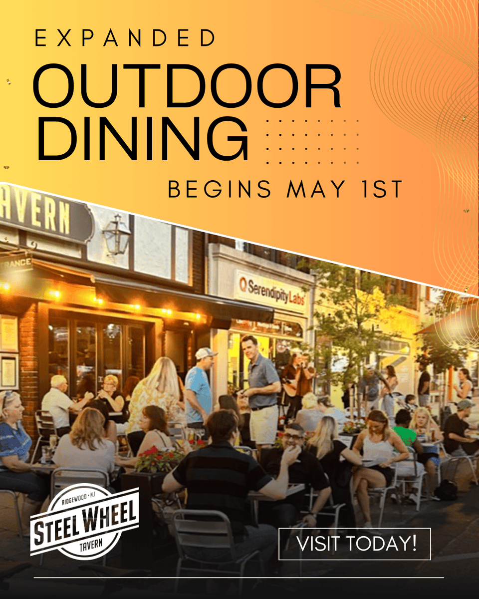 TavernSteel's tweet photo. Expanded Outdoor Dining starts today! 🌅 What a beautiful day to dine outside! Whether it's cocktails with friends, a casual dinner with the family, soak up the best of a Ridgewood at the Wheel. 🍻☀️

#SteelWheelTavern #OutdoorDining #RidgewoodNJ #AlFresco https://t.co/FhxbElEOb6