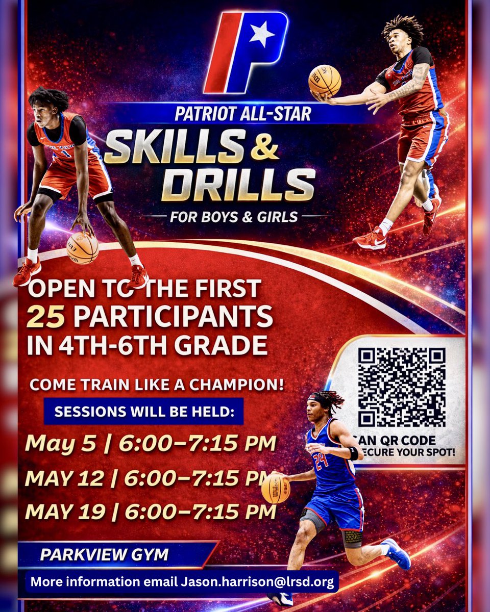 TheViewBBall_'s tweet photo. A few spots remaining for Tuesday, May 5th Patriot All-Star Skills &amp; Drills Session. Sessions are open to Girls &amp; Boys in 4th - 6th Grade.

Sign up TODAY!!🔴🏀🔵

@JasonJeharrison @Toni_Phroze14 @PrinAndersonPV @parkview_lrsd https://t.co/y4TGLtNR3Y