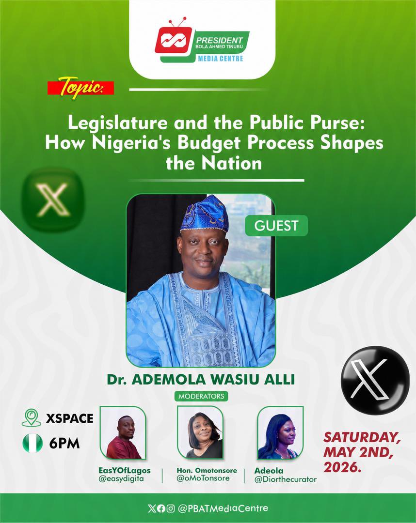 Nigeria’s budget is more than just numbers it’s a reflection of priorities, power, and national direction.

Join us this Saturday on X Space as we explore how the legislature shapes the public purse, influences governance, and impacts the everyday lives of Nigerians. From budget