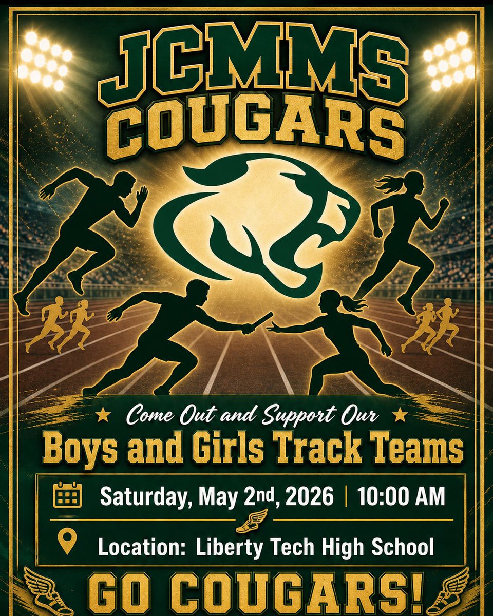 jcmmscougars's tweet image. Come out and support our JCMMS Cougars Boys &amp;amp; Girls Track Teams! 🐾💚💛

📅 Saturday, May 2nd, 2026
⏰ 10:00 AM
📍 Liberty Tech High School

Let’s show up strong and cheer our Cougars on! #JCMMS #CougarPride #CougarTrack