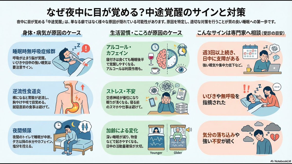 中途覚醒とは　　

夜寝入ってから朝起きるまでの間に何度も目が覚めてしまい、その後なかなか再入眠できない不眠症の症状の1つです。週の半分以上でそのような現象があり、睡眠が断片化されることで「睡眠による休息感が得られない」「日中に眠気や集中力低下を感じる」といった不快感を伴います。