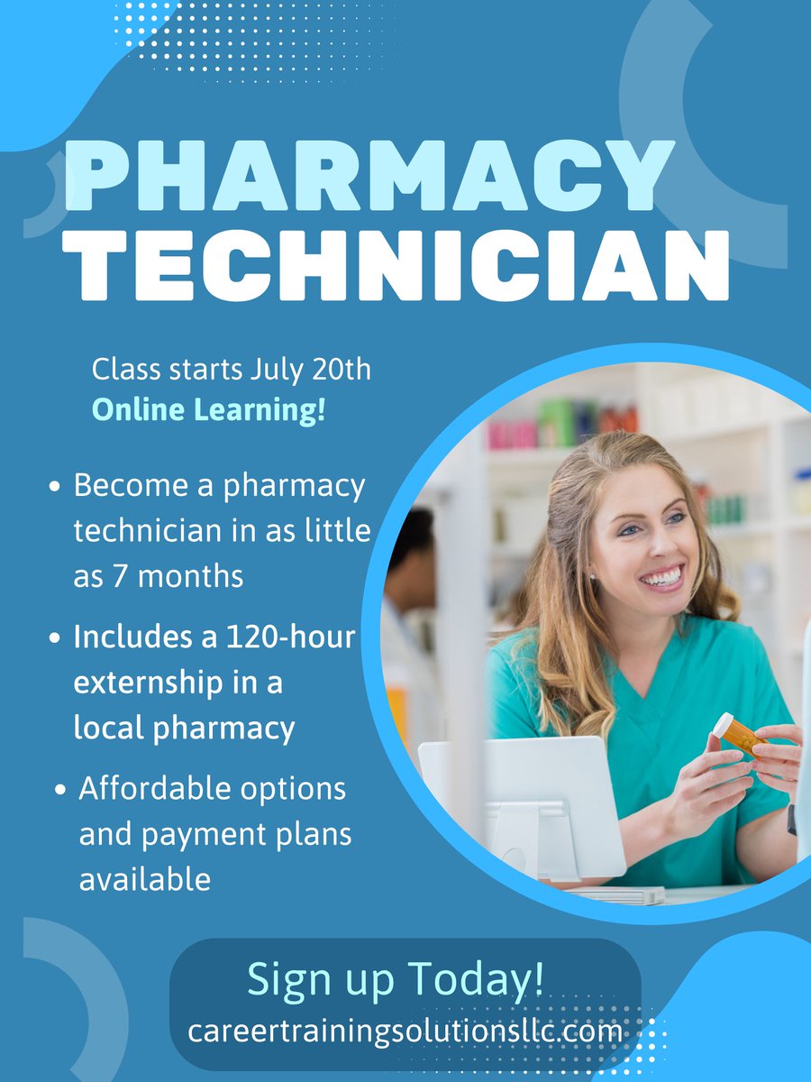 CareerTS's tweet image. “I finally feel confident in a community pharmacy.”
The Pharmacy Technician program begins on July 20th.
Register here: tinyurl.com/48nxen6m
Interest-Free Payment Plan Available at Select Schools.
Want More Info?: tinyurl.com/3smjvb8n
#OnlineLearning  #fypシ #Pharmacy