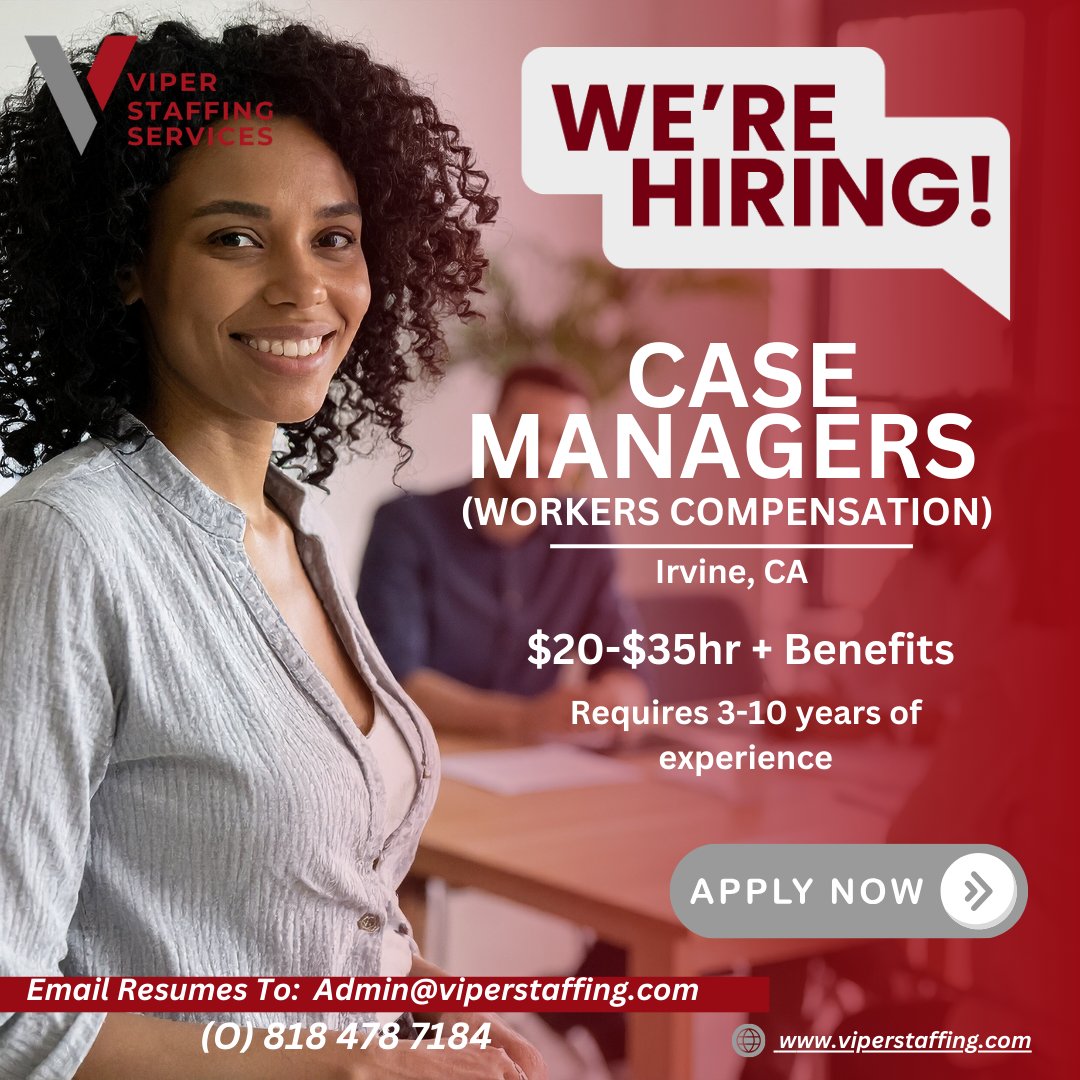 ViperStaffing's tweet image. Hiring Case Managers (Workers Compensation) in Irvine, CA! $20-$35/hr + benefits. 3-10 years experience required.

📞 818-478-7184 | 🔗 Visit: viperstaffing.com

📩 Email your resume: admin@viperstaffing.com

#CaseManager #WorkersComp #IrvineJobs #HealthcareCareers