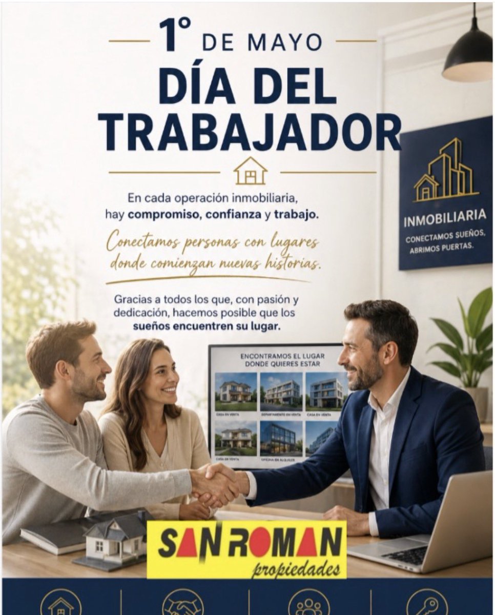 SANROMANprop's tweet photo. 🏢💼 ¡Feliz Día del Trabajador!

Detrás de cada operación, cada visita y cada llave entregada…
hay esfuerzo, compromiso y mucho trabajo diario 🔑

Hoy celebramos a todos los que construyen, ladrillo a ladrillo,
un futuro mejor 🧱✨ https://t.co/7bxOafVFVK