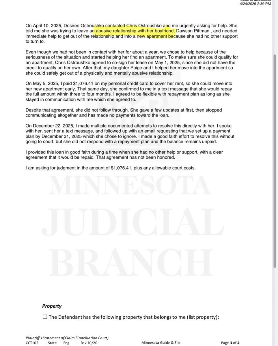 BreannaMorello's tweet image. 🚨UPDATE🚨

Chris Ostroushko and DeYanna Ostroushko FILED A LAWSUIT against their estranged daughter, Desiree Ostroushko.

The couple claims they loaned Desiree money so she could flee an abusive relationship, in the lawsuit filed last week.

Desiree has not paid the couple back,