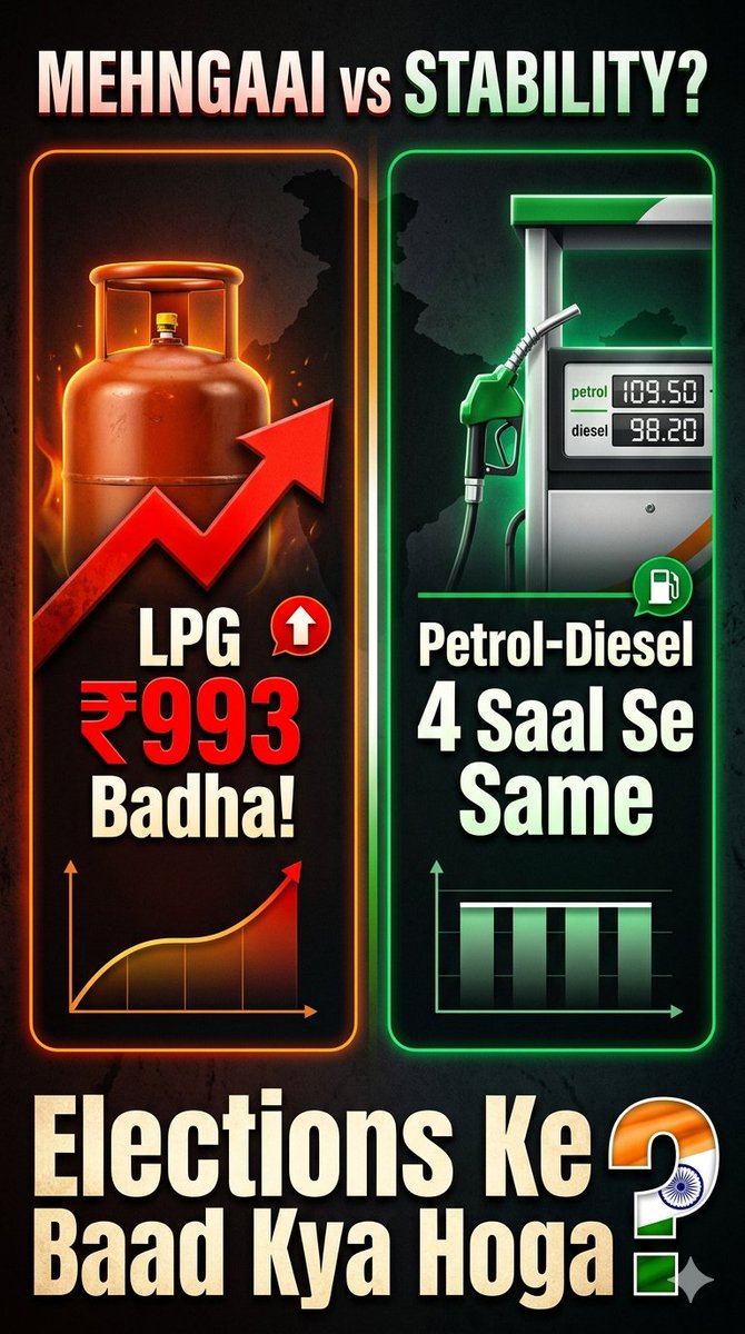 Samser_shaikh99's tweet image. Commercial LPG ek din mein ₹993 badha... lekin petrol-diesel 4 saal se same? 🤔
Domestic cylinder bhi abhi safe hai...
Kya yeh sab elections ke baad badlega? 👀
Aap kya sochte ho? 🙏
#LPG #Petrol #Diesel #IndiaNews