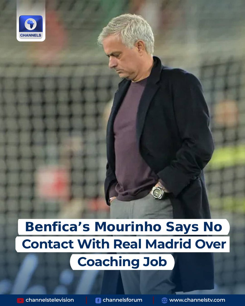channelstv's tweet image. Benfica coach Jose Mourinho said Friday there has been no contact between him and Real Madrid, despite speculation the Spanish giants could turn to him this summer.

The veteran Portuguese coach, who led Los Blancos from 2010 to 2013 in a heated rivalry with Pep Guardiola’s