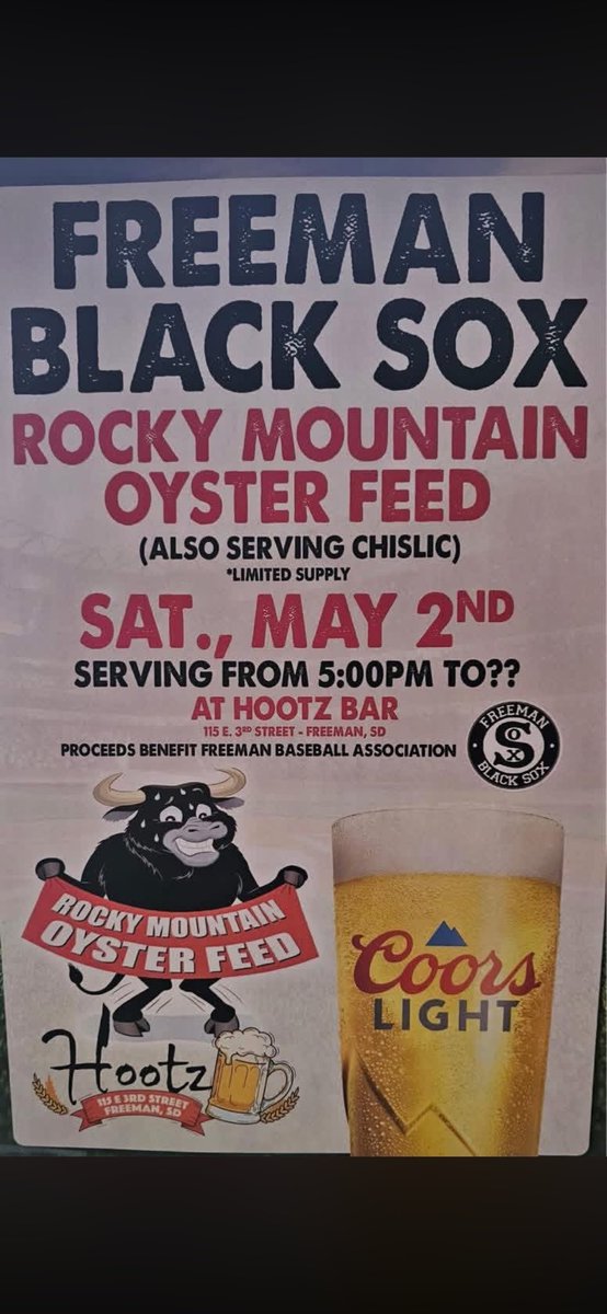 FreemanAmateur's tweet photo. Come out and support the Blacksox at the annual Rocky Mountain oyster feed this Saturday! https://t.co/OXihz0sq9U