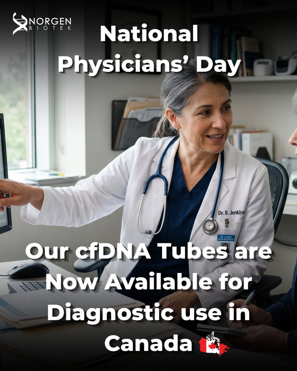 NorgenBiotek's tweet image. This National Physicians’ Day, we recognize the expertise behind every clinical decision 👨‍⚕️
Proud to support accurate diagnostics with cfDNA/cfRNA tubes now available for use in Canada 🇨🇦
Learn more: norgenbiotek.com/product/cf-dna…
#NationalPhysiciansDay #Diagnostics