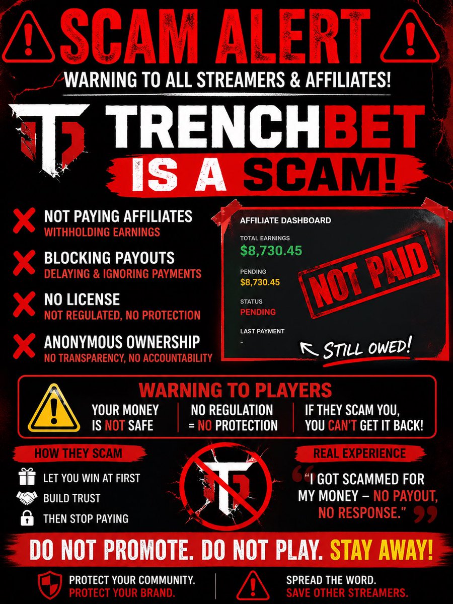 Louievboogieca's tweet image. 🚨 WARNING 🚨

What’s up y’all — I signed a deal with a small casino (Trenchbet.com), built up my commission… and then it suddenly disappeared 
Be careful dealing with sites like this. Please report fraudulent platforms when you see them. ⚠️

#Scam #Fraud #StaySafe