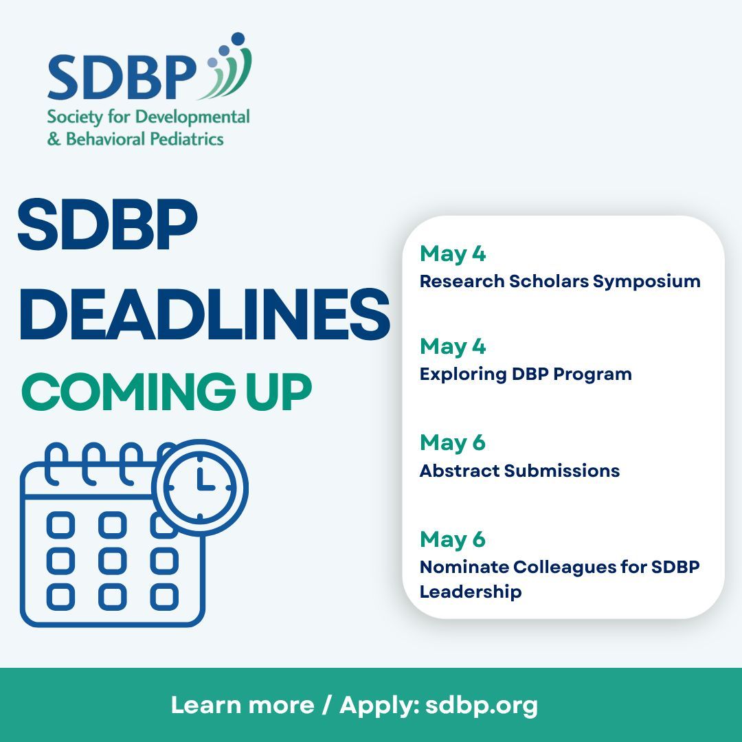 SDBPeds's tweet image. ⏰ SDBP deadlines coming up:

📅 May 4 — RSS + Exploring DBP
📅 May 6 — Abstracts + Leadership Nominations

Don’t miss out 👇
🔗 sdbp.org

#SDBP #Pediatrics #MedEd