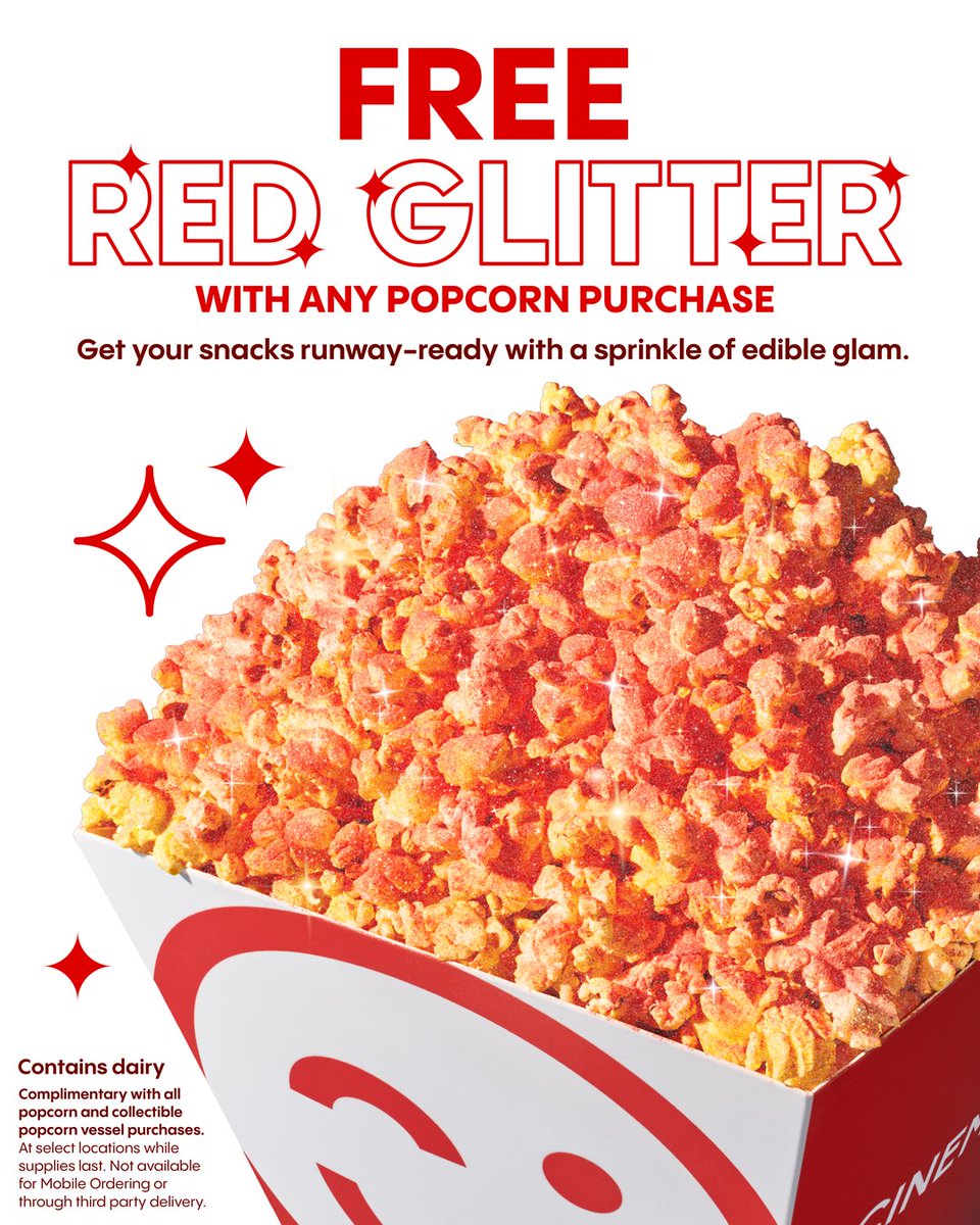 Cinemark's tweet image. Get your snacks ✨RUNWAY READY✨ with a sprinkle of edible glam🍿 

Now available in theatres for a limited time for FREE!