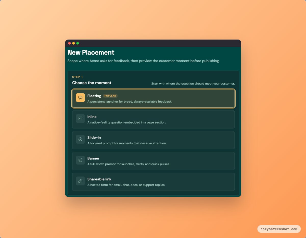 Day 12. 

In the MVP a SaaS owner will be able to ask for feedback in five different ways. I will go thru all of them in detail the coming days.
#buildinpublic