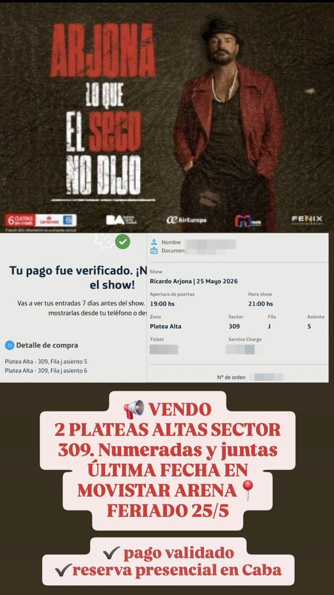 solcisfer's tweet photo. 📢 @Ricardo_Arjona en #buenosAires. Vendo PLATEAS ALTAS para última función FERIADO 25/5 (AGOTADA) en 📍#MovistarArena
Sector 309 (central) y 306. Ya validadas. Se reservan y se entregan 7 días antes del show.PRESENCIAL EN CABA. También publicadas en @Reventick #RicardoArjona https://t.co/G3CU1gAuGn