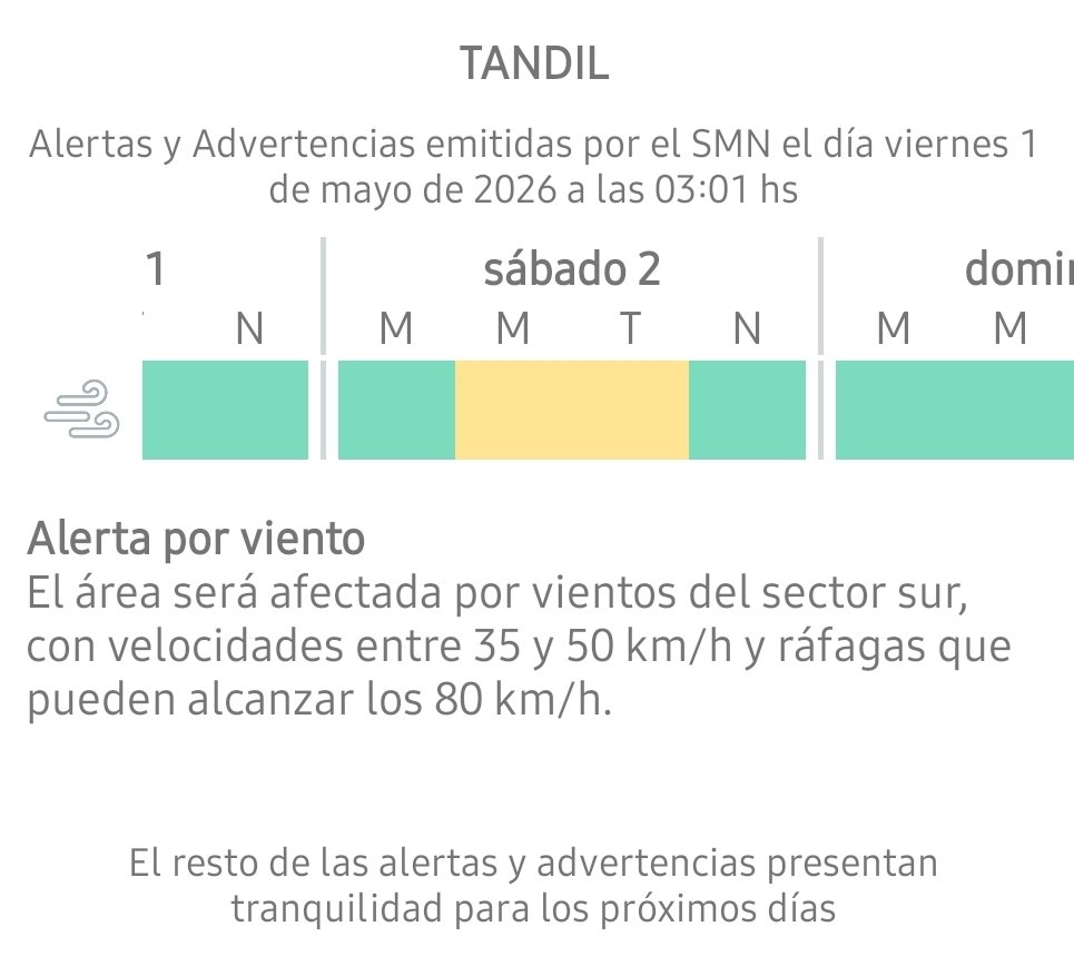 DC_Tandil's tweet photo. ALERTA METEOROLÓGICA
El SAT del SMN emitió un alerta amarilla por viento para la mañana y la tarde de mañana sábado 2 de mayo de 2026.
¡Tomá precauciones!
#Tandil #AlertaMeteorológica #SMN https://t.co/m6RBZ2WBb2