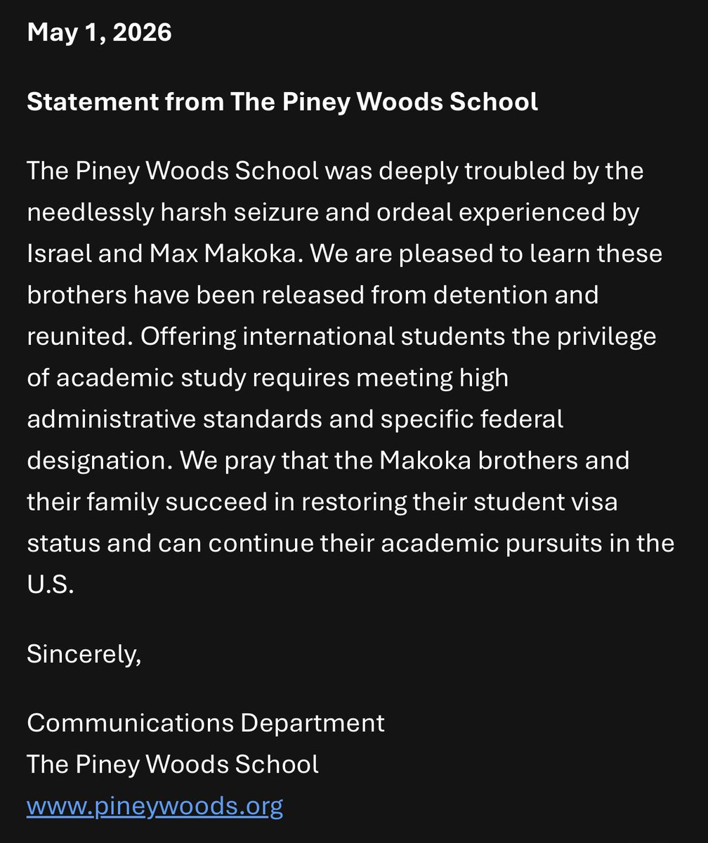 AlexLoveWLBT's tweet image. JUST IN: The Piney Woods School where Isreal &amp;amp; Max Makoka used to attend in Rankin County, #Mississippi before transferring to Hancock High, just sent me this statement regarding their arrest &amp;amp; release from #ICE custody. They’re “pleased to learn” the brothers have been released.