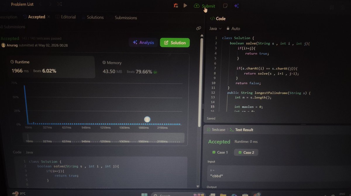 PlacementDiary's tweet photo. Day 87✅
DSA:
5. Longest Palindromic Substring
Aptitude:
Number System – revision
Remaining lectures: 1.6, 1.7
English:
Working on improvement
Back on schedule after ~1 week.
LeetCode streak broken
Still left web development.
#Day87 #LearningInPublic #dsa #Consistency https://t.co/OJW5H2ScdE