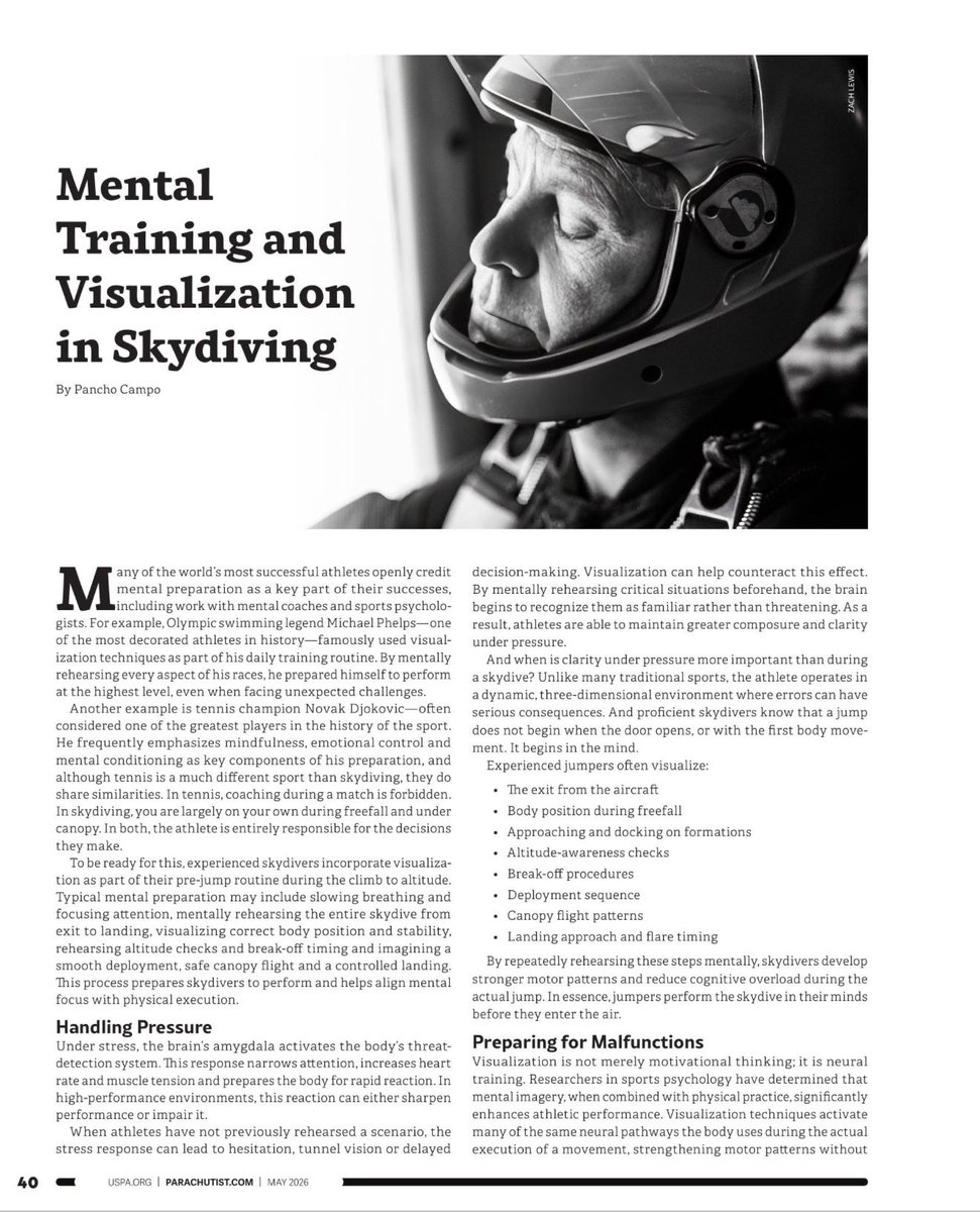 PanchoCampoC's tweet image. Honored to contribute to Parachutist Magazine with my first article:
“Mental Training and Visualization in Skydiving.”

High performance isn’t just physical—it’s how you think under pressure.

#MentalPerformance #HighPerformance #Skydiving 
#SportsPsychology  #SMILETopPerformance