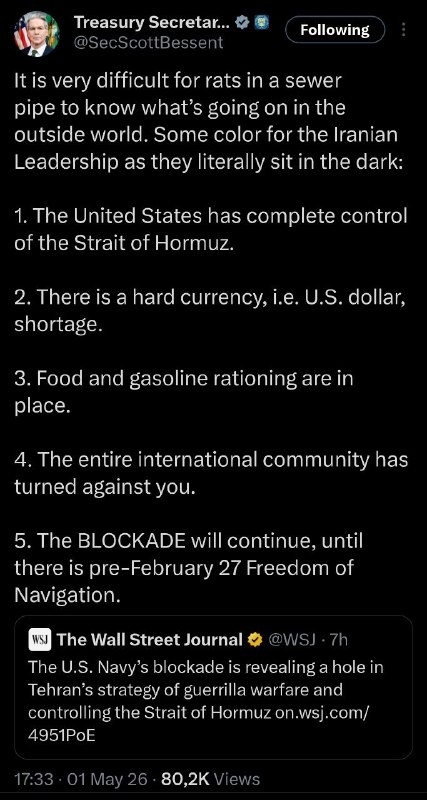 ANederica's tweet image. 🌐 | 🇺🇸 🤡 🇮🇷 Scott Bessent: "Iranian Leadership = sewer rats" US disappearing Treasury Secretary decided it's time to declare his
🇺🇸 🤡 🇮🇷 Scott Bessent: "Iranian Leadership = sewer rats" US disappearing Treasury Secretary decided it's time to.
#Global