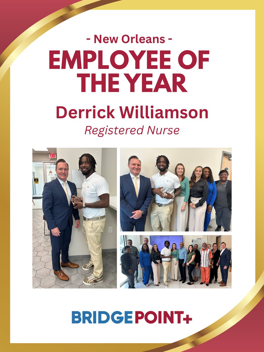bp_healthcare's tweet image. NOLA Employee of the Year 🏆
 
We are proud to recognize Derrick Williamson, as NOLA’s Employee of the Year.
 
If you see Derrick, be sure to congratulate him and celebrate this incredible accomplishment.
 
#WeCare #CaringAtBridgePoint #WeCareAtBridgePoint